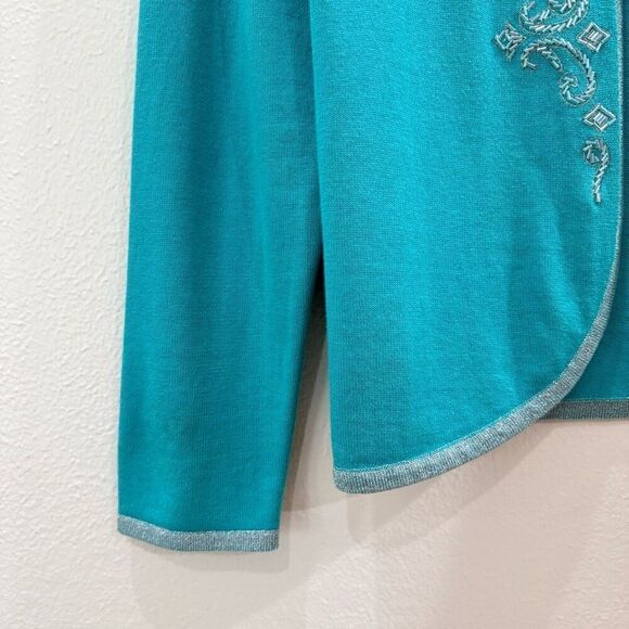 Bob Mackie Wearable Art Women's Size Large Embroidered Blue Cardigan Sweater - Picture 3 of 9